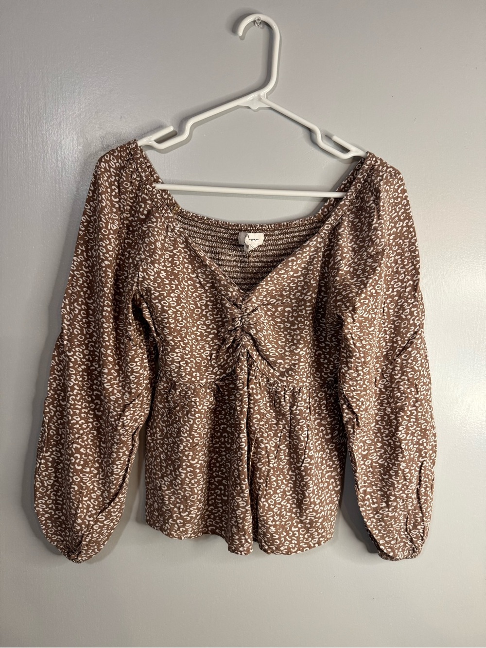 Japna Tan Brown Printed Long Sleeve Peasant Top Size Medium